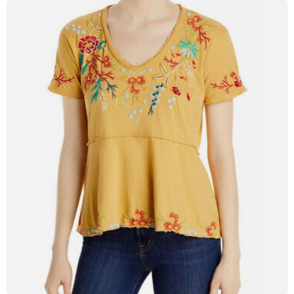 NEW • Johnny Was • Ariel Embroidered High/Low Swing Cotton Tee Top,Marigold, S